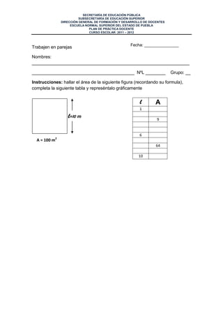 SECRETARÍA DE EDUCACIÓN PÚBLICA
                         SUBSECRETARÍA DE EDUCACIÓN SUPERIOR
               DIRECCIÓN GENERAL DE FORMACIÓN Y DESARROLLO DE DOCENTES
                    ESCUELA NORMAL SUPERIOR DEL ESTADO DE PUEBLA
                              PLAN DE PRÁCTICA DOCENTE
                              CURSO ESCOLAR: 2011 – 2012



                                                   Fecha: _______________
Trabajen en parejas

Nombres:
_______________________________________________________________

_________________________________________ NºL ________                   Grupo: __

Instrucciones: hallar el área de la siguiente figura (recordando su formula),
completa la siguiente tabla y represéntalo gráficamente


                                                        l        A
                                                        1
                  l=10 m                                         9


                                                        6
           2
  A = 100 m
                                                                 64

                                                        10
 