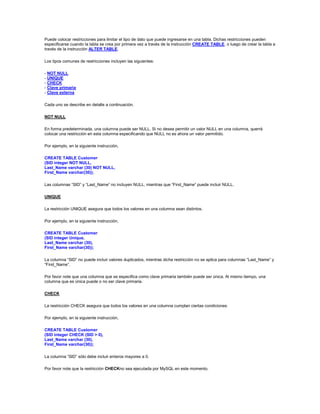Puede colocar restricciones para limitar el tipo de dato que puede ingresarse en una tabla. Dichas restricciones pueden
especificarse cuando la tabla se crea por primera vez a través de la instrucción CREATE TABLE, o luego de crear la tabla a
través de la instrucción ALTER TABLE.

Los tipos comunes de restricciones incluyen las siguientes:

- NOT NULL
- UNIQUE
- CHECK
- Clave primaria
- Clave externa

Cada uno se describe en detalle a continuación.

NOT NULL

En forma predeterminada, una columna puede ser NULL. Si no desea permitir un valor NULL en una columna, querrá
colocar una restricción en esta columna especificando que NULL no es ahora un valor permitido.

Por ejemplo, en la siguiente instrucción,

CREATE TABLE Customer
(SID integer NOT NULL,
Last_Name varchar (30) NOT NULL,
First_Name varchar(30));

Las columnas “SID” y “Last_Name” no incluyen NULL, mientras que “First_Name” puede incluir NULL.

UNIQUE

La restricción UNIQUE asegura que todos los valores en una columna sean distintos.

Por ejemplo, en la siguiente instrucción,

CREATE TABLE Customer
(SID integer Unique,
Last_Name varchar (30),
First_Name varchar(30));

La columna “SID” no puede incluir valores duplicados, mientras dicha restricción no se aplica para columnas “Last_Name” y
“First_Name”.

Por favor note que una columna que se especifica como clave primaria también puede ser única. Al mismo tiempo, una
columna que es única puede o no ser clave primaria.

CHECK

La restricción CHECK asegura que todos los valores en una columna cumplan ciertas condiciones.

Por ejemplo, en la siguiente instrucción,

CREATE TABLE Customer
(SID integer CHECK (SID > 0),
Last_Name varchar (30),
First_Name varchar(30));

La columna “SID” sólo debe incluir enteros mayores a 0.

Por favor note que la restricción CHECKno sea ejecutada por MySQL en este momento.
 