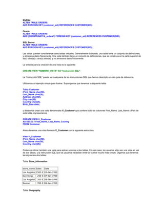 MySQL:
ALTER TABLE ORDERS
ADD FOREIGN KEY (customer_sid) REFERENCES CUSTOMER(SID);

Oracle:
ALTER TABLE ORDERS
ADD (CONSTRAINT fk_orders1) FOREIGN KEY (customer_sid) REFERENCES CUSTOMER(SID);

SQL Server:
ALTER TABLE ORDERS
ADD FOREIGN KEY (customer_sid) REFERENCES CUSTOMER(SID);

Las vistas pueden considerarse como tablas virtuales. Generalmente hablando, una tabla tiene un conjunto de definiciones,
y almacena datos físicamente. Una vista también tiene un conjunto de definiciones, que se construye en la parte superior de
la(s) tabla(s) u otra(s) vista(s), y no almacena datos físicamente.

La sintaxis para la creación de una vista es la siguiente:

CREATE VIEW "NOMBRE_VISTA" AS "Instrucción SQL"

La “Instrucción SQL” puede ser cualquiera de las instrucciones SQL que hemos descripto en esta guía de referencia.

Utilicemos un ejemplo simple para ilustrar. Supongamos que tenemos la siguiente tabla:

Tabla Customer
(First_Name char(50),
Last_Name char(50),
Address char(50),
City char(50),
Country char(25),
Birth_Date date)

y deseamos crear una vista denominada V_Customer que contiene sólo las columnas First_Name, Last_Name y País de
esta tabla, ingresaríamos

CREATE VIEW V_Customer
AS SELECT First_Name, Last_Name, Country
FROM Customer

Ahora tenemos una vista llamada V_Customer con la siguiente estructura:

View V_Customer
(First_Name char(50),
Last_Name char(50),
Country char(25))

Podemos utilizar también una vista para aplicar uniones a dos tablas. En este caso, los usuarios sólo ven una vista en vez
de dos tablas, y la instrucción SQL que los usuarios necesitan emitir se vuelve mucho más simple. Digamos que tenemos
las siguientes dos tablas:

Tabla Store_Information


store_name Sales       Date
Los Angeles 1500 € 05-Jan-1999
San Diego      250 € 07-Jan-1999
Los Angeles    300 € 08-Jan-1999
Boston         700 € 08-Jan-1999


Tabla Geography
 