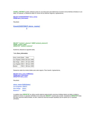 COUNT y DISTINCT pueden utilizarse juntos en una instrucción para determinar el número de las distintas entradas en una
tabla. Por ejemplo, si deseamos saber el número de los distintos negocios, ingresaríamos,

SELECT COUNT(DISTINCT store_name)
FROM Store_Information

Resultado:


Count(DISTINCT store_name)
                        3




SELECT "nombre1_columna", SUM("nombre2_columna")
FROM "nombre_tabla"
GROUP BY "nombre1-columna"

Ilustremos utilizando la siguiente tabla,

Tabla Store_Information


store_name Sales       Date
Los Angeles 1500 € 05-Jan-1999
San Diego     250 €    07-Jan-1999
Los Angeles 300 €      08-Jan-1999
Boston        700 €    08-Jan-1999


Deseamos saber las ventas totales para cada negocio. Para hacerlo, ingresaríamos,

SELECT store_name, SUM(Sales)
FROM Store_Information
GROUP BY store_name

Resultado:


store_name SUM(Sales)
Los Angeles 1800 €
San Diego       250 €
Boston>         700 €


La palabra clave GROUP BY se utiliza cuando estamos seleccionado columnas múltiples desde una tabla (o tablas) y
aparece al menos un operador aritmético en la instrucción SELECT. Cuando esto sucede, necesitamos GROUP BY todas
las otras columnas seleccionadas, es decir, todas las columnas excepto aquella(s) que se operan por un operador
aritmético.
 