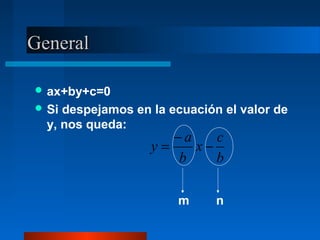 General

 ax+by+c=0
 Si despejamos en la ecuación el valor de
  y, nos queda:
                      −a    c
                   y=    x−
                      b     b

                       m      n
 