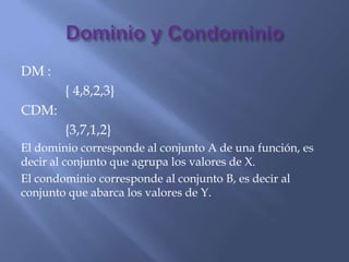 DM :
{ 4,8,2,3}
CDM:
{3,7,1,2}
El dominio corresponde al conjunto A de una función, es
decir al conjunto que agrupa los valores de X.
El condominio corresponde al conjunto B, es decir al
conjunto que abarca los valores de Y.