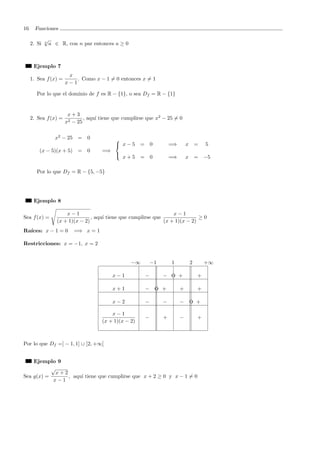 16 Funciones
2. Si n
√
a ∈ R, con n par entonces a ≥ 0
Ejemplo 7
1. Sea f(x) =
x
x − 1
. Como x − 1 = 0 entonces x = 1
Por lo que el dominio de f es R − {1}, o sea Df = R − {1}
2. Sea f(x) =
x + 3
x2 − 25
, aqu´ı tiene que cumplirse que x2
− 25 = 0
x2
− 25 = 0
(x − 5)(x + 5) = 0 =⇒



x − 5 = 0 =⇒ x = 5
x + 5 = 0 =⇒ x = −5
Por lo que Df = R − {5, −5}
Ejemplo 8
Sea f(x) =
x − 1
(x + 1)(x − 2)
, aqu´ı tiene que cumplirse que
x − 1
(x + 1)(x − 2)
≥ 0
Ra´ıces: x − 1 = 0 =⇒ x = 1
Restricciones: x = −1, x = 2
−∞ −1 1 2 +∞
x − 1 − − o + +
x + 1 − o + + +
x − 2 − − − o +
x − 1
(x + 1)(x − 2)
− + − +
Por lo que Df =] − 1, 1] ∪ ]2, +∞[
Ejemplo 9
Sea g(x) =
√
x + 2
x − 1
, aqu´ı tiene que cumplirse que x + 2 ≥ 0 y x − 1 = 0
 