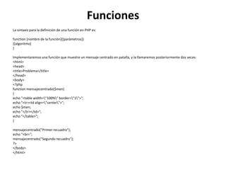 Funciones
La sintaxis para la definición de una función en PHP es:
function [nombre de la función]([parámetros])
{[algoritmo]
}
Implementaremos una función que muestre un mensaje centrado en patalla, y la llamaremos posteriormente dos veces:
<html>
<head>
<title>Problema</title>
</head>
<body>
<?php
function mensajecentrado($men)
{
echo "<table width="100%" border="1">";
echo "<tr><td align="center">";
echo $men;
echo "</tr></td>";
echo "</table>";
}
mensajecentrado("Primer recuadro");
echo "<br>";
mensajecentrado("Segundo recuadro");
?>
</body>
</html>
 