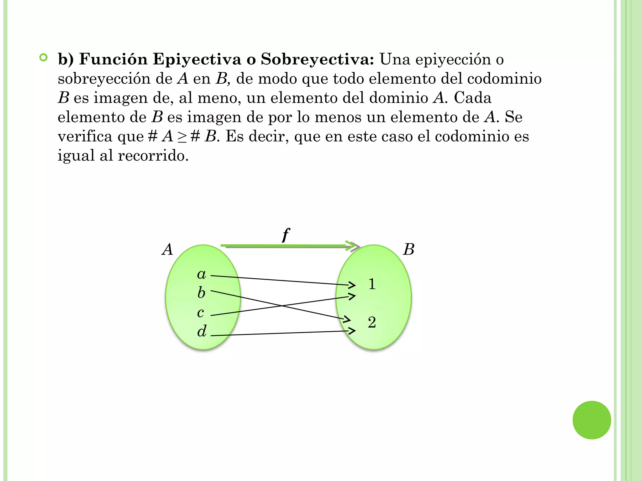  b) Función Epiyectiva o Sobreyectiva: Una epiyección o
sobreyección de A en B, de modo que todo elemento del codominio
B es imagen de, al meno, un elemento del dominio A. Cada
elemento de B es imagen de por lo menos un elemento de A. Se
verifica que # A ≥ # B. Es decir, que en este caso el codominio es
igual al recorrido.
a
b
c
d
1
2
A B
f
 