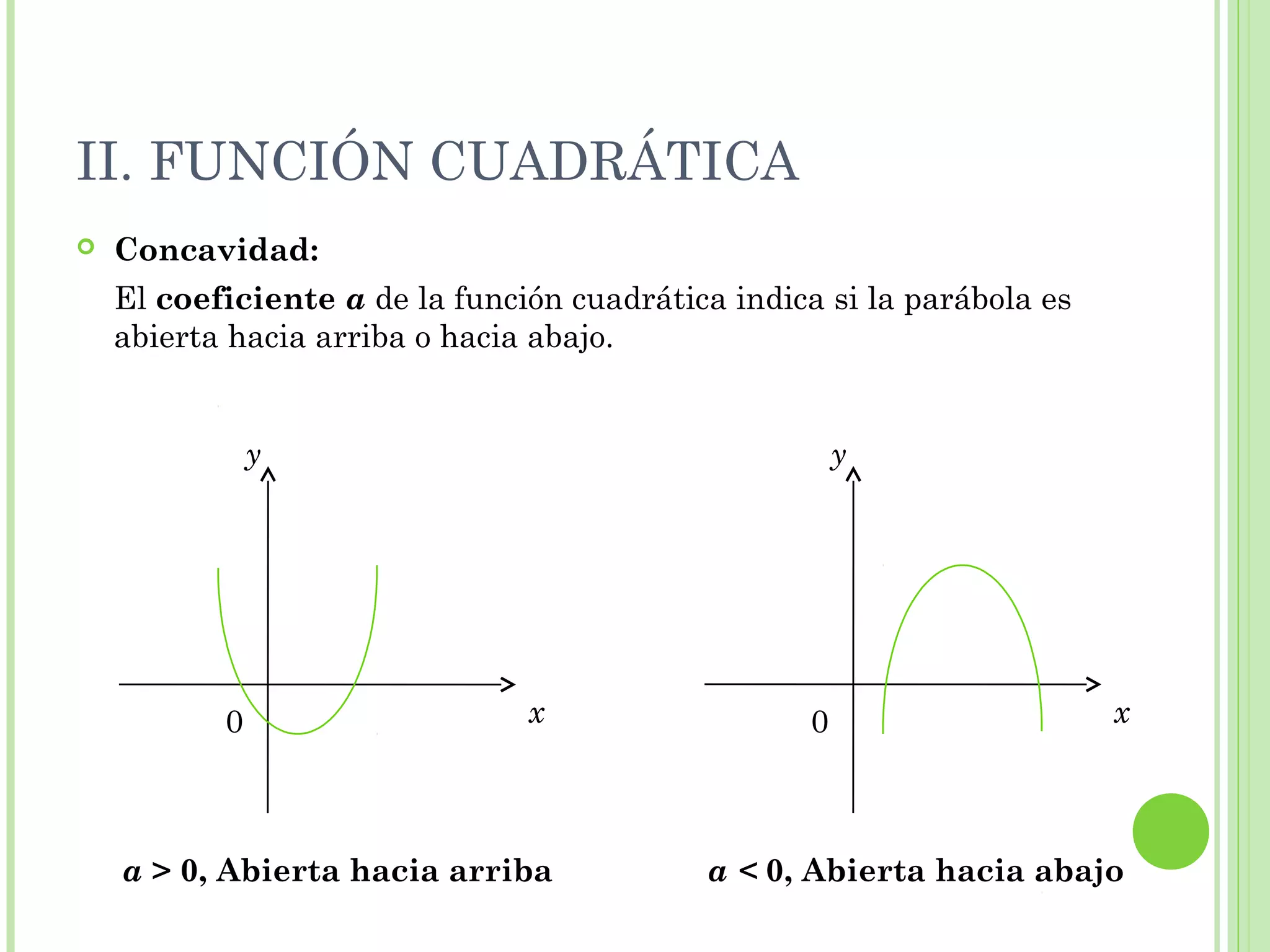 II. FUNCIÓN CUADRÁTICA
 Concavidad:
El coeficiente a de la función cuadrática indica si la parábola es
abierta hacia arriba o hacia abajo.
x
y
0 x0
y
a > 0, Abierta hacia arriba a < 0, Abierta hacia abajo
 