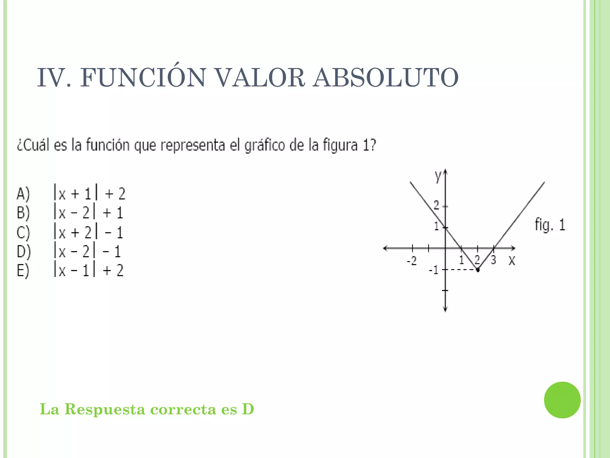 IV. FUNCIÓN VALOR ABSOLUTO
La Respuesta correcta es D
 