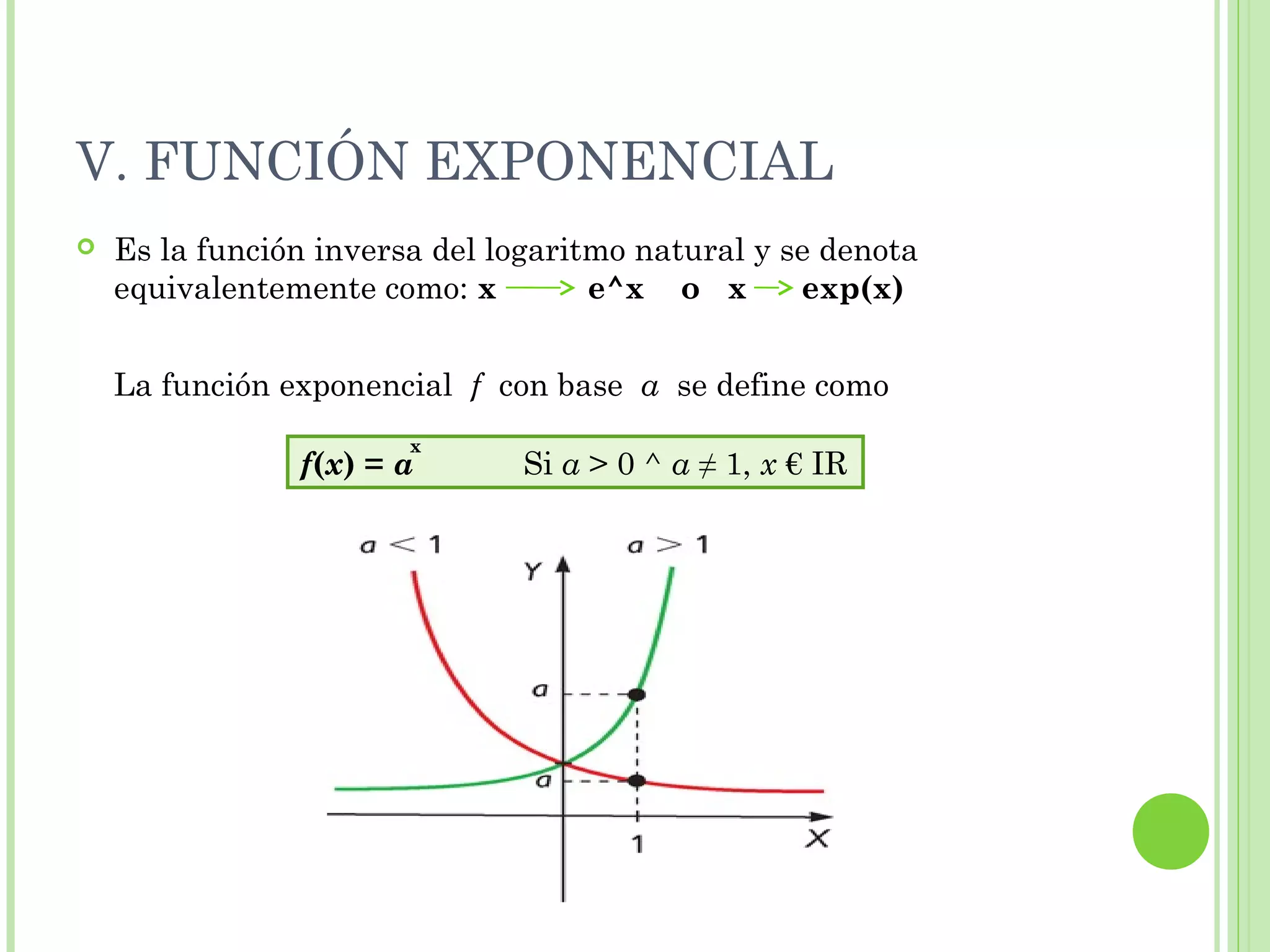 V. FUNCIÓN EXPONENCIAL
 Es la función inversa del logaritmo natural y se denota
equivalentemente como: x e^x o x exp(x)
La función exponencial f con base a se define como
f(x) = a Si a > 0 ^ a ≠ 1, x € IR
x
 