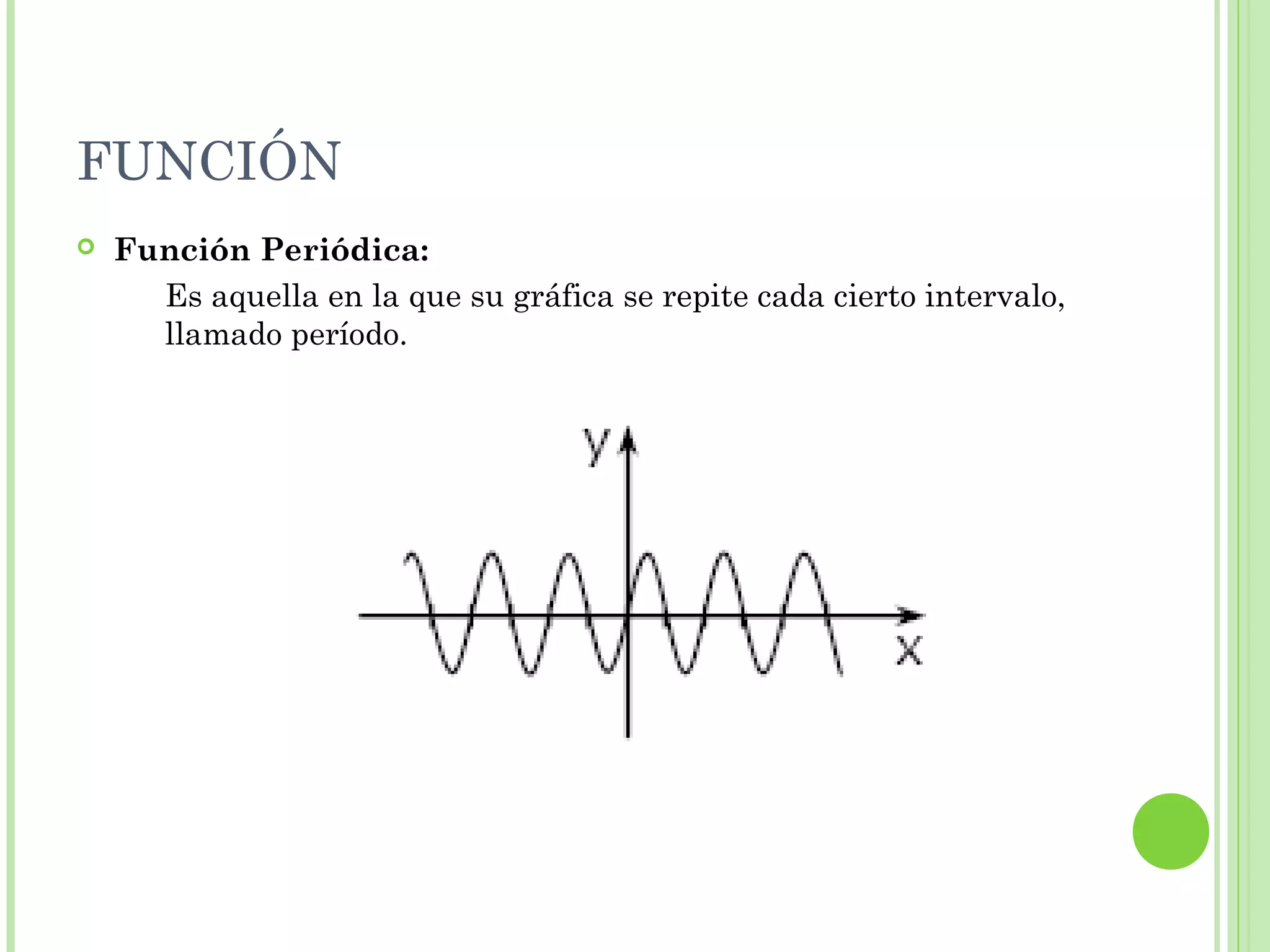 FUNCIÓN
 Función Periódica:
Es aquella en la que su gráfica se repite cada cierto intervalo,
llamado período.
 