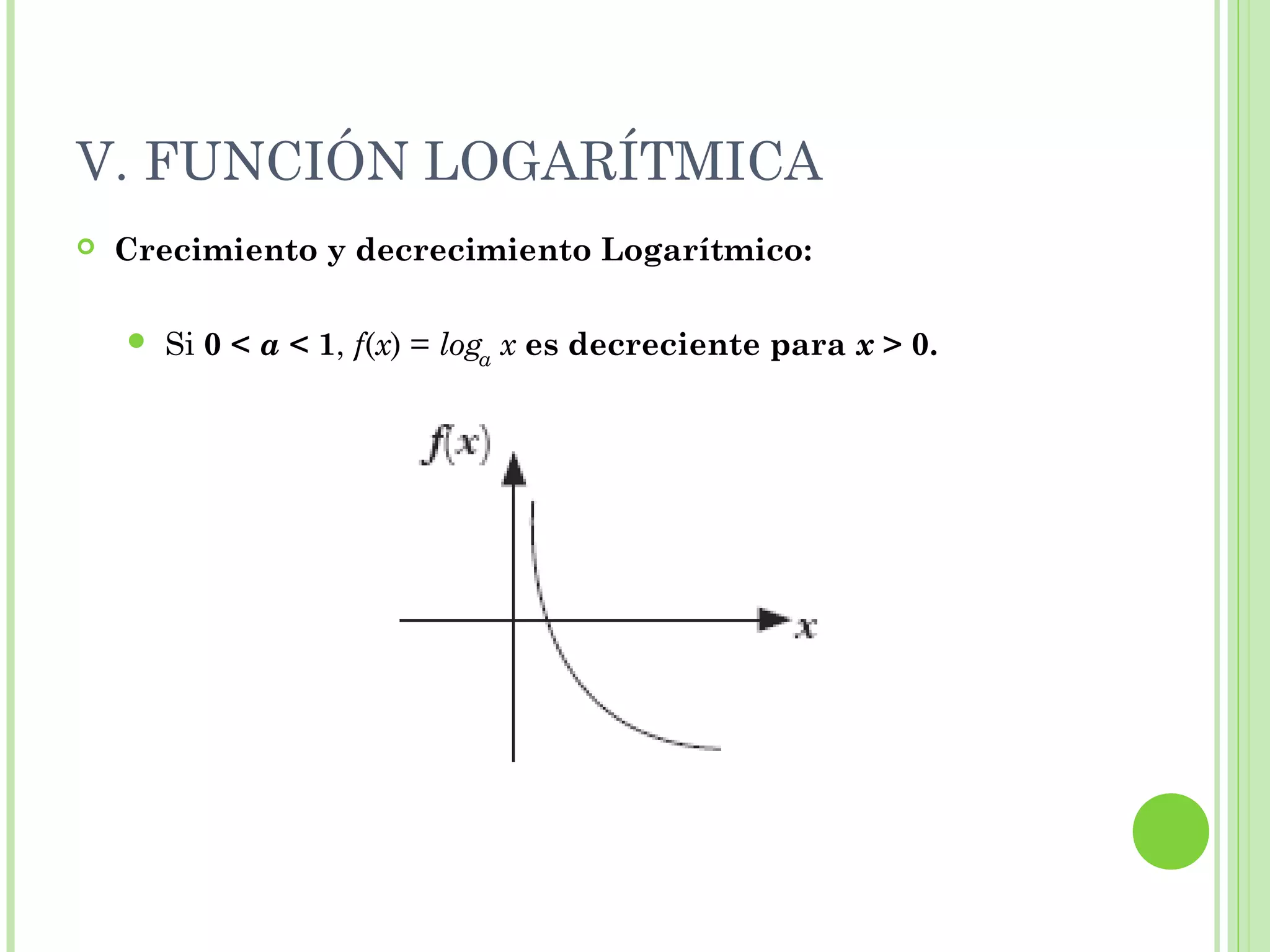 V. FUNCIÓN LOGARÍTMICA
 Crecimiento y decrecimiento Logarítmico:
 Si 0 < a < 1, f(x) = log x es decreciente para x > 0.a
 