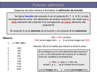FFuunncciióónn:: ddeeffiinniicciióónn 
Llegamos de esta manera a formalizar la definición de función 
Se llama función del conjunto A en el conjunto B ( f : A  B ) a toda 
correspondencia entre los elementos de ambos conjuntos, de modo que a 
todo elemento del conjunto A le corresponde un único elemento del 
conjunto B. 
El conjunto A es el dominio de la función y el conjunto B el codominio 
x y = 700 + 200 x 
6 
1900 
3 
1300 
0 
700 
1 
900 
2 
1100 
4 
1500 
5 
1700 
7 
2100 
8 
2300 
f(6) = 1900, es decir: 
1900 es la imagen de 6 o 6 es la pre-imagen de 1900 
Además: f(6) es el sueldo que cobrará si vende 6 autos 
Si se designa con x a los elementos del conjunto A 
y con y a los elementos del conjunto B, la relación 
entre las variables la simbolizamos: 
y = f(x), y = g(x), y = s(x), etc. 
donde f, g, s, … es el nombre de la función 
y es la imagen de x y x es la pre-imagen de y 
Observa 
 