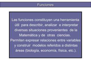 FFuunncciioonneess 
Las funciones constituyen una herramienta 
útil para describir, analizar e interpretar 
diversas situaciones provenientes de la 
Matemática y de otras ciencias. 
Permiten expresar relaciones entre variables 
y construir modelos referidos a distintas 
áreas (biología, economía, física, etc.). 
 
