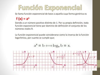 Se llama función exponencial de base a aquella cuya forma genérica es
f (x) = ax
Siendo a un número positivo distinto de 1. Por su propia definición, toda
función exponencial tiene por dominio de definición el conjunto de los
números reales R.
La función exponencial puede considerarse como la inversa de la función
logarítmica, por cuanto se cumple que:
 