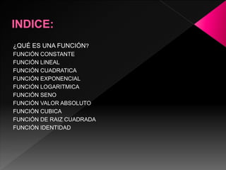 ¿QUÉ ES UNA FUNCIÓN?
FUNCIÓN CONSTANTE
FUNCIÓN LINEAL
FUNCIÓN CUADRATICA
FUNCIÓN EXPONENCIAL
FUNCIÓN LOGARITMICA
FUNCIÓN SENO
FUNCIÓN VALOR ABSOLUTO
FUNCIÓN CUBICA
FUNCIÓN DE RAIZ CUADRADA
FUNCIÓN IDENTIDAD
 