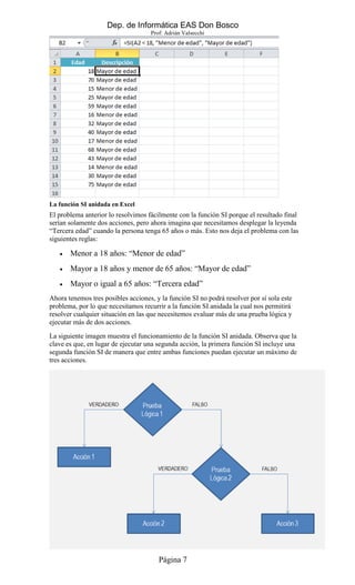 Dep. de Informática EAS Don Bosco
Prof: Adrián Valsecchi
Página 7
La función SI anidada en Excel
El problema anterior lo r...