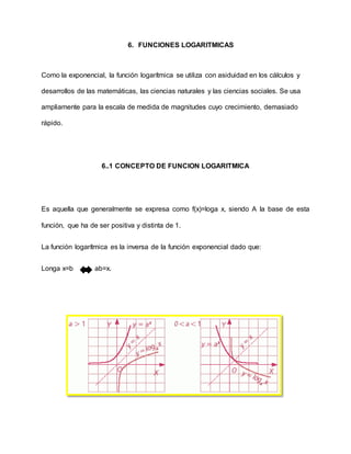 6. FUNCIONES LOGARITMICAS
Como la exponencial, la función logarítmica se utiliza con asiduidad en los cálculos y
desarrollos de las matemáticas, las ciencias naturales y las ciencias sociales. Se usa
ampliamente para la escala de medida de magnitudes cuyo crecimiento, demasiado
rápido.
6..1 CONCEPTO DE FUNCION LOGARITMICA
Es aquella que generalmente se expresa como f(x)=loga x, siendo A la base de esta
función, que ha de ser positiva y distinta de 1.
La función logarítmica es la inversa de la función exponencial dado que:
Longa x=b ab=x.
 