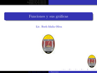 Definici´on de funci´on
Dominio de una funci´on
Gr´afica de un funci´on
Funciones y sus gr´aﬁcas
Lic. Ruth Idalia Oliva
Lic. Ruth Idalia Oliva Funciones
 