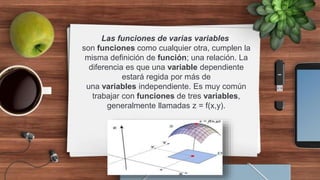Las funciones de varias variables
son funciones como cualquier otra, cumplen la
misma definición de función; una relación. La
diferencia es que una variable dependiente
estará regida por más de
una variables independiente. Es muy común
trabajar con funciones de tres variables,
generalmente llamadas z = f(x,y).
 