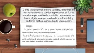 Como las funciones de una variable, funciones de
varias variables se pueden representar en forma
numérica (por medio de una tabla de valores), en
forma algebraica (por medio de una formula), y
en forma gráfica (por medio de una gráfica).
 