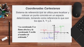 Coordenadas Cartesianas
Sistema de referencia que se utiliza para localizar y
colocar un punto concreto en un espacio
determinado, tomando como referencia lo que son
los ejes X, Y y Z.
7
“La coordenada X se
llama abscisa y la
coordenada Y recibe
el nombre de
ordenada.”
 