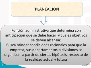 PLANEACION
Función administrativa que determina con
anticipación que se debe hacer y cuales objetivos
se deben alcanzar.
Busca brindar condiciones racionales para que la
empresa, sus departamentos o divisiones se
organicen a partir de ciertas hipótesis respecto de
la realidad actual y futura
 