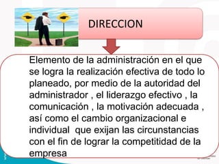 DIRECCION
Elemento de la administración en el que
se logra la realización efectiva de todo lo
planeado, por medio de la autoridad del
administrador , el liderazgo efectivo , la
comunicación , la motivación adecuada ,
así como el cambio organizacional e
individual que exijan las circunstancias
con el fin de lograr la competitidad de la
empresa
 
