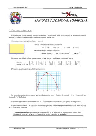 www.matesxronda.net José A. Jiménez Nieto
Matemáticas 3o
ESO Funciones cuadráticas. Parábolas • 1
FUNCIONES CUADRÁTICAS. PARÁBOLAS
1. FUNCIONES CUADRÁTICAS
Representemos, en función de la longitud de la base (x), el área (y) de todos los rectángulos de perímetro 12 metros.
De ellos, ¿cuáles son las medidas del rectángulo que tiene mayor área?
Consideremos un rectángulo de base x y altura h:
Como el perímetro es 12 metros, se verifica:
2x + 2h = 12 ⇒ 2(x + h) = 12 ⇒ x + h = 6 ⇒ h = 6 − x
Por tanto, el área de dicho rectángulo es:
y = base ⋅ altura = x ⋅ h = x ⋅ (6 − x) = 6x − x2
⇒ y = 6x − x2
Formamos una tabla de valores para ver como varía el área, y, a medida que variamos la base x:
Base ≡ x 0’5 1 1’5 2 2’5 3 3’5 4 4’5 5 5’5
Área ≡ y = 6x − x2
2’75 5 6’75 8 8’75 9 8’75 8 6’75 5 2’75
Dibujamos la gráfica correspondiente y obtenemos:
Por tanto, las medidas del rectángulo que tiene área máxima son x = 3 metros de base y h = 6 − x = 3 metros de altu-
ra, siendo 9 m2
dicha área.
La función representada anteriormente y = 6x − x2
se llama función cuadrática y su gráfica es una parábola.
La recta de ecuación x = 3 es el eje de la parábola (la gráfica es simétrica respecto de esta recta) y el punto V (3, 9)
es el vértice de la parábola.
Las funciones cuadráticas son aquellas cuya expresión es un polinomio de segundo grado, esto es, fun-
ciones de la forma y = ax2
+ bx + c. Sus gráficas reciben el nombre de parábolas.
 