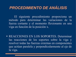 PROCEDIMIENTO DE ANÁLISIS El siguiente procedimiento proporciona un método para determinar las variaciones de la fuerza cortante y el momento flexionante en una viga en función de la posición x. REACCIONES EN LOS SOPORTES. Determinar las reacciones de los soportes sobre la viga y resolver todas las fuerzas externas en componentes que actúan paralela y perpendicularmente al eje de la viga. 