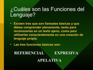 ¿Cuáles son las Funciones del
Lenguaje?
• Existen tres que son llamadas básicas y que
debes comprender plenamente, tanto para
reconocerlas en un texto ajeno, como para
utilizarlas conscientemente en una creación de
lenguaje propia.
• Las tres funciones básicas son:
REFERENCIAL
APELATIVA
EXPRESIVA
 