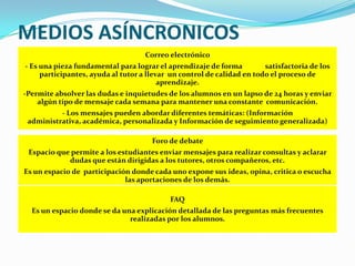 MEDIOS ASÍNCRONICOS
Correo electrónico
- Es una pieza fundamental para lograr el aprendizaje de forma satisfactoria de los
participantes, ayuda al tutor a llevar un control de calidad en todo el proceso de
aprendizaje.
-Permite absolver las dudas e inquietudes de los alumnos en un lapso de 24 horas y enviar
algún tipo de mensaje cada semana para mantener una constante comunicación.
- Los mensajes pueden abordar diferentes temáticas: (Información
administrativa, académica, personalizada y Información de seguimiento generalizada)
Foro de debate
Espacio que permite a los estudiantes enviar mensajes para realizar consultas y aclarar
dudas que están dirigidas a los tutores, otros compañeros, etc.
Es un espacio de participación donde cada uno expone sus ideas, opina, critica o escucha
las aportaciones de los demás.
FAQ
Es un espacio donde se da una explicación detallada de las preguntas más frecuentes
realizadas por los alumnos.
 