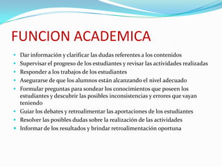 FUNCION ACADEMICA
 Dar información y clarificar las dudas referentes a los contenidos
 Supervisar el progreso de los estudiantes y revisar las actividades realizadas
 Responder a los trabajos de los estudiantes
 Asegurarse de que los alumnos están alcanzando el nivel adecuado
 Formular preguntas para sondear los conocimientos que poseen los
estudiantes y descubrir las posibles inconsistencias y errores que vayan
teniendo
 Guiar los debates y retroalimentar las aportaciones de los estudiantes
 Resolver las posibles dudas sobre la realización de las actividades
 Informar de los resultados y brindar retroalimentación oportuna
 