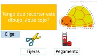 Tengo que recortar este
dibujo, ¿qué cojo?
Cristina Peñas – PT y AL especializada en TEA
Elige:
Tijeras Pegamento
 