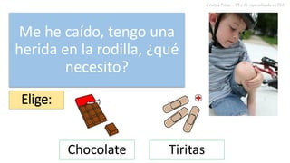 Me he caído, tengo una
herida en la rodilla, ¿qué
necesito?
Cristina Peñas – PT y AL especializada en TEA
Elige:
Chocolate Tiritas
 