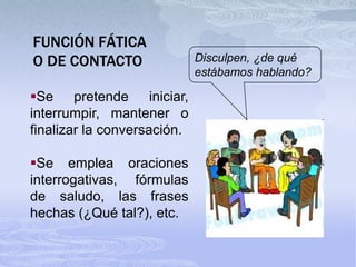 FUNCIÓN FÁTICA
O DE CONTACTO                Disculpen, ¿de qué
                             estábamos hablando?

Se pretende iniciar,
interrumpir, mantener o
finalizar la conversación.

Se emplea oraciones
interrogativas, fórmulas
de saludo, las frases
hechas (¿Qué tal?), etc.
 