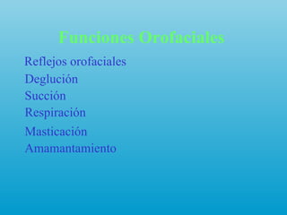 Funciones Orofaciales  Reflejos orofaciales Deglución Succión Respiración Masticación Amamantamiento 