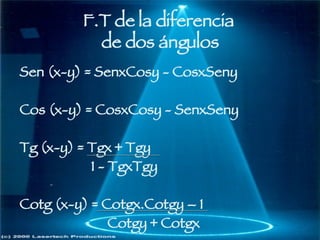 F.T de la diferencia  de dos ángulos Sen (x-y) = SenxCosy - CosxSeny Cos (x-y) = CosxCosy - SenxSeny Tg (x-y) = Tgx + Tgy 1 - TgxTgy Cotg (x-y) = Cotgx.Cotgy – 1 Cotgy + Cotgx 