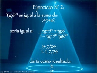 Tg 61º es igual a la suma de: (45+16) sería igual a:  tg45º + tg16 1 – tg45º tg16º  1+ 7/24 1- 1. 7/24  daría como resultado: 31 17 Ejercicio N °  2: 