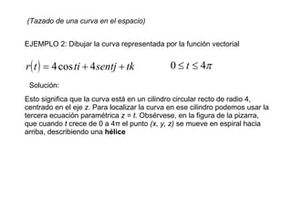 (Tazado de una curva en el espacio) EJEMPLO 2: Dibujar la curva representada por la función vectorial Solución: Esto significa que la curva está en un cilindro circular recto de radio 4, centrado en el eje  z . Para localizar la curva en ese cilindro podemos usar la tercera ecuación paramétrica  z = t.  Obsérvese, en la figura de la pizarra, que cuando  t  crece de 0 a 4 π  el punto  (x, y, z)  se mueve en espiral hacia arriba, describiendo una  hélice   