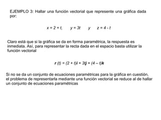 EJEMPLO 3: Hallar una función vectorial que represente una gráfica dada por: x = 2 + t,  y = 3t  y  z = 4 - t Claro está que si la gráfica se da en forma paramétrica, la respuesta es inmediata. Así, para representar la recta dada en el espacio basta utilizar la función vectorial r  (t) = (2 + t) i  + 3t j  + (4 – t) k Si no se da un conjunto de ecuaciones paramétricas para la gráfica en cuestión, el problema de representarla mediante una función vectorial se reduce al de hallar un conjunto de ecuaciones paramétricas  