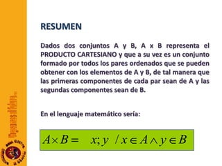 RESUMENDados dos conjuntos A y B, A x B representa el PRODUCTO CARTESIANO y que a su vez es un conjunto formado por todos los pares ordenados que se pueden obtener con los elementos de A y B, de tal manera que las primeras componentes de cada par sean de A y las segundas componentes sean de B.En el lenguaje matemático sería: