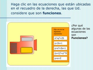 Haga clic en las ecuaciones que están ubicadas
en el recuadro de la derecha, las que Ud.
considere que son funciones.
¿Por qué
algunas de las
ecuaciones
son
Funciones?
 