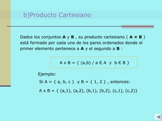 b)Producto Cartesiano
Dados los conjuntos A y B , su producto cartesiano ( A × B )
está formado por cada uno de los pares ordenados donde el
primer elemento pertenece a A y el segundo a B :
A x B = { (a,b) / a Є A y b Є B }
Ejemplo:
Si A = { a, b, c } y B = { 1, 2 } , entonces:
A x B = { (a,1), (a,2), (b,1), (b,2), (c,1), (c,2)}
 