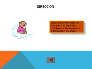 DIRECCIÓN



       Consiste en influir sobre las
       personas para lograr que
       contribuyan a las metas de la
       organización y del grupo.
 