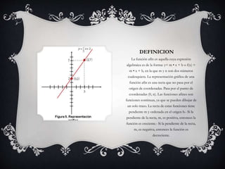 DEFINICION
La función afín es aquella cuya expresión
algebraica es de la forma: y= m • x + b o f(x) =
m • x + b, en la que m y n son dos números
cualesquiera. La representación gráfica de una
función afín es una recta que no pasa por el
origen de coordenadas. Pasa por el punto de
coordenadas (0, n). Las funciones afines son
funciones continuas, ya que se pueden dibujar de
un solo trazo. La recta de estas funciones tiene
pendiente m y ordenada en el origen b.- Si la
pendiente de la recta, m, es positiva, entonces la
función es creciente.- Si la pendiente de la recta,
m, es negativa, entonces la función es
decreciente.