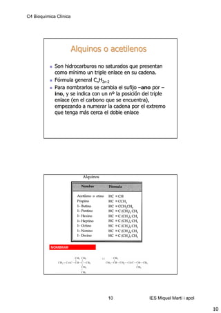 C4 Bioquímica Clínica




                        Alquinos o acetilenos

             Son hidrocarburos no saturados que presentan
             como mínimo un triple enlace en su cadena.
             Fórmula general CnH2n-2
                                  2n-
             Para nombrarlos se cambia el sufijo –ano por –
             ino, y se indica con un nº la posición del triple
             enlace (en el carbono que se encuentra),
             empezando a numerar la cadena por el extremo
             que tenga más cerca el doble enlace




           NOMBRAR




                                    10                IES Miquel Martí i apol

                                                                                10
 