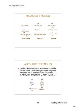 C4 Bioquímica Clínica




                        ALCOHOLES Y FENOLES




                        ALCOHOLES Y FENOLES
              Los fenoles resultan de sustituir en un anillo
              benzoico uno de los hidrógenos por un grupo
              hidroxilo. (En la nomenclatura, se utilizan,
              también, los prefijos orto–, meta– y para–.)




                                    14                IES Miquel Martí i apol

                                                                                14
 