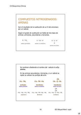 C4 Bioquímica Clínica




           COMPUESTOS NITROGENADOS:
           AMINAS
           Son el resultado de la sustitución de un H del amoniaco
           por un radical.

           Según el grado de sustitución se habla de tres tipos de
           aminas: primarias, secundarias y terciarias.




             Se nombran añadiendo al nombre del radical el sufijo
             amina.

             En las aminas secundarias y terciarias, si un radical se
             repite se utilizan los prefijos di o tri.




                                        18                    IES Miquel Martí i apol

                                                                                        18
 