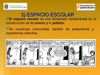 3) ESPACIO ESCOLAR

El espacio escolar es una dimensión fundamental en la
construcción de lo común y lo público.
Se construye comunidad, sentido de pertenencia y
experiencia colectiva.

 
