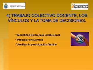 4) TRABAJO COLECTIVO DOCENTE, LOS
VÍNCULOS Y LA TOMA DE DECISIONES.

Modalidad del trabajo institucional
Propiciar encuentros
Analizar la participación familiar

 