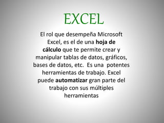 EXCEL
El rol que desempeña Microsoft
Excel, es el de una hoja de
cálculo que te permite crear y
manipular tablas de datos,...